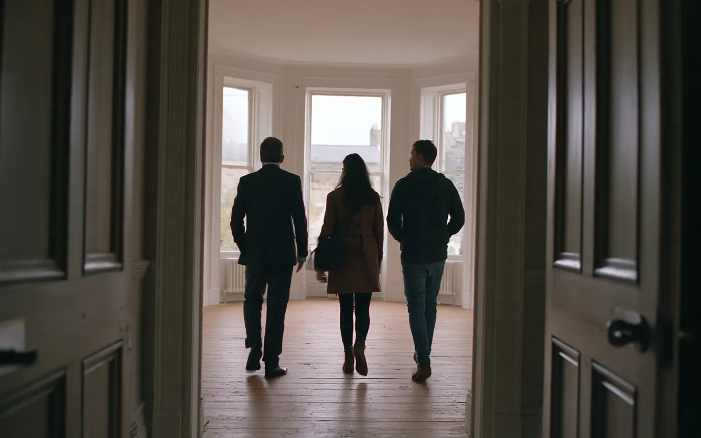 Un agent immobilier fait visiter un appartement vide à un couple
