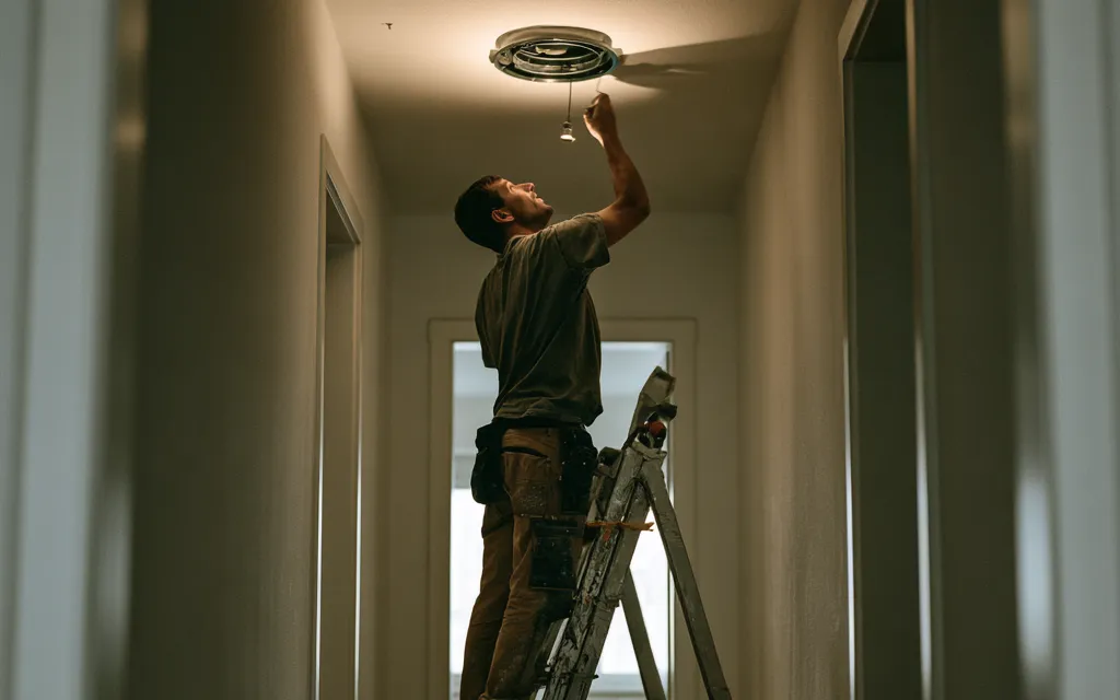 Un électricien sur un escabeau pose un plafonnier dans un couloir