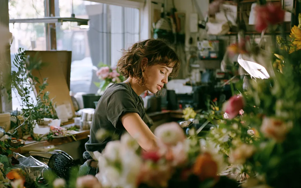 Une fleuriste prépare des bouquets dans sa boutique, des seaux de fleurs au premier plan