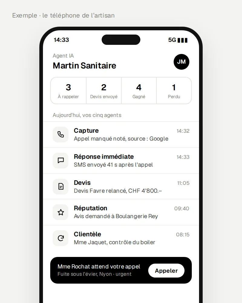 Exemple de l’agent IA sur le téléphone d’un plombier : les cinq agents et ce que chacun vient de faire