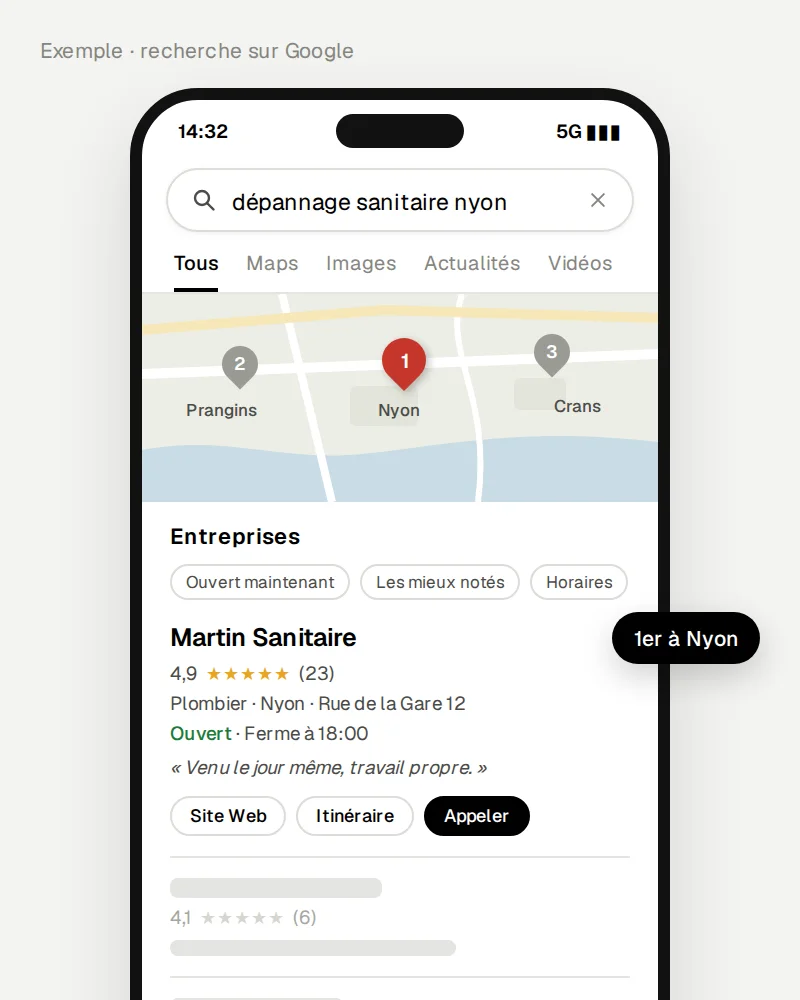 Exemple de résultats Google pour « dépannage sanitaire nyon » : Martin Sanitaire en tête, 4,9 étoiles et 23 avis