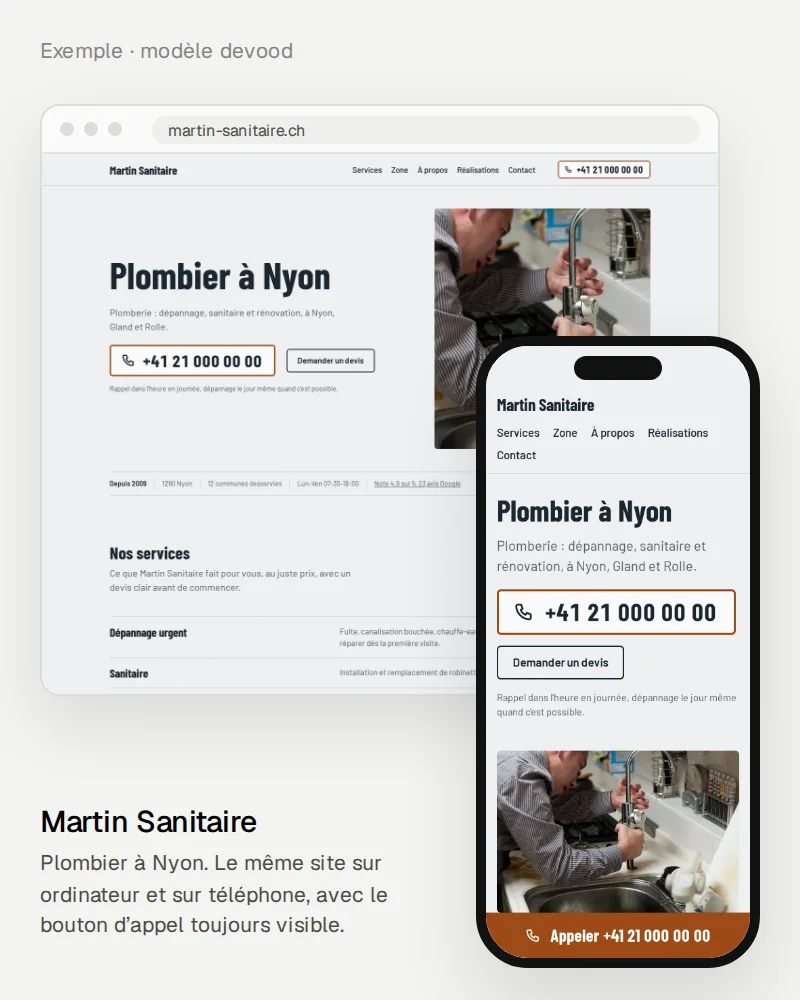 Exemple de site construit avec notre modèle pour un plombier de Nyon, sur ordinateur et sur téléphone