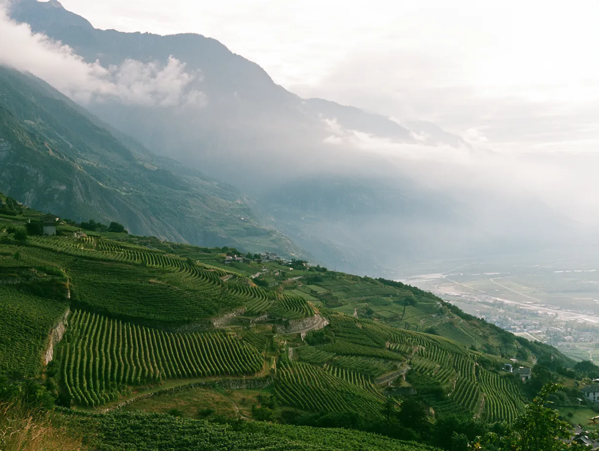 Les vignes en terrasses du Valais, la vallée du Rhône dans la brume